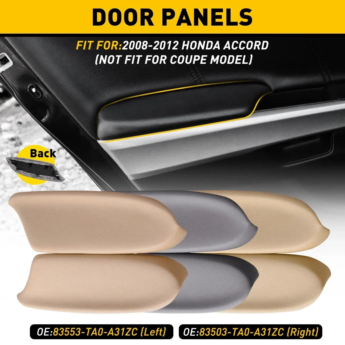 Front Beige Leather Armrest Door Panel Covers for Honda Accord 2008-2012