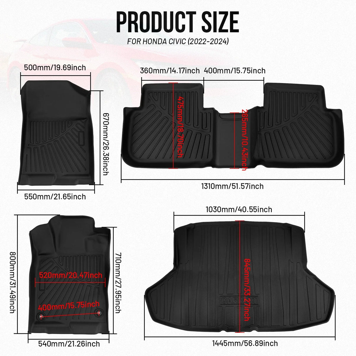 Cargo Liner & All Weather Floor Mats Set for Honda Civic Sedan 2022-2025