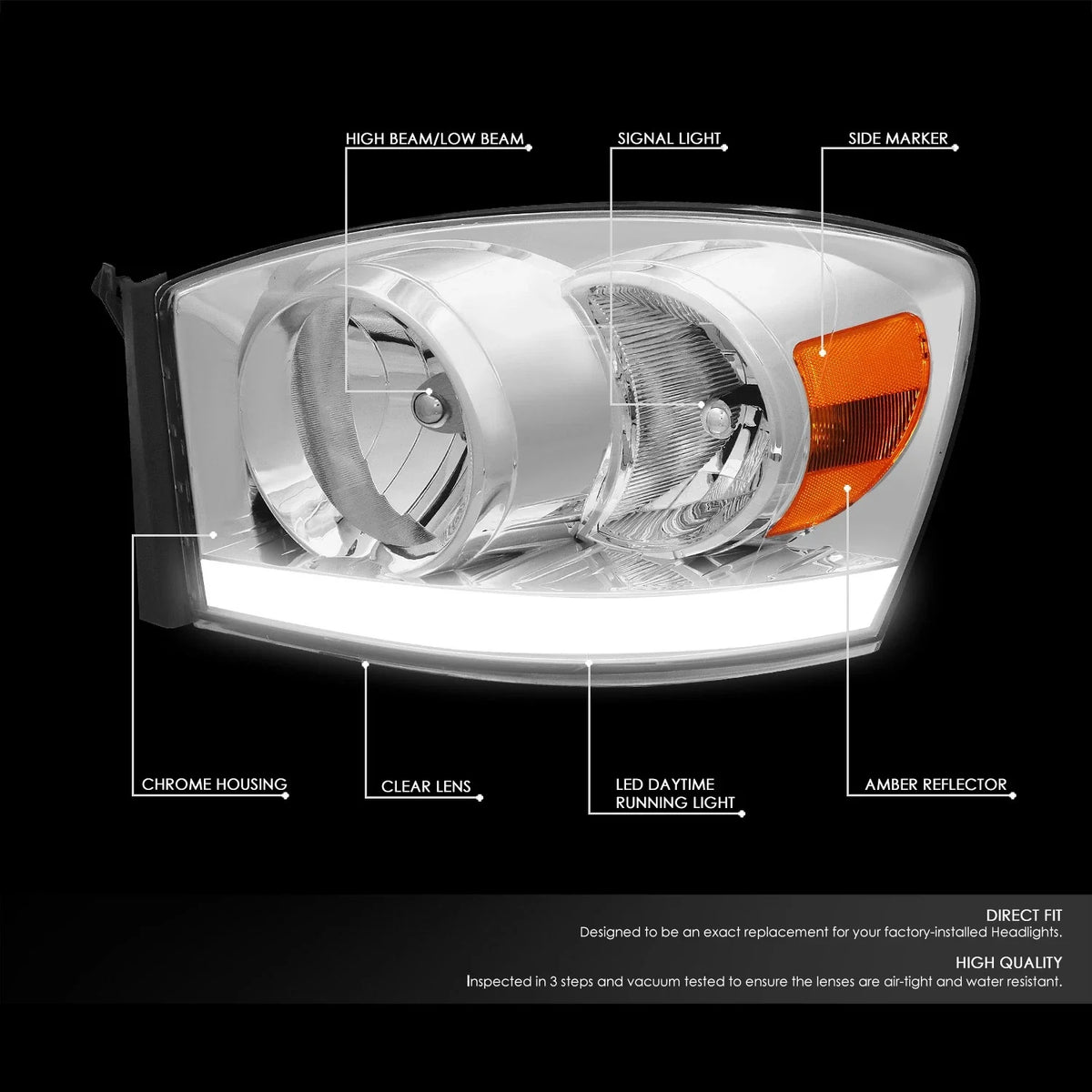 LED DRL Headlight for Dodge Ram Pickup (2006–2009) Chrome Housing Amber