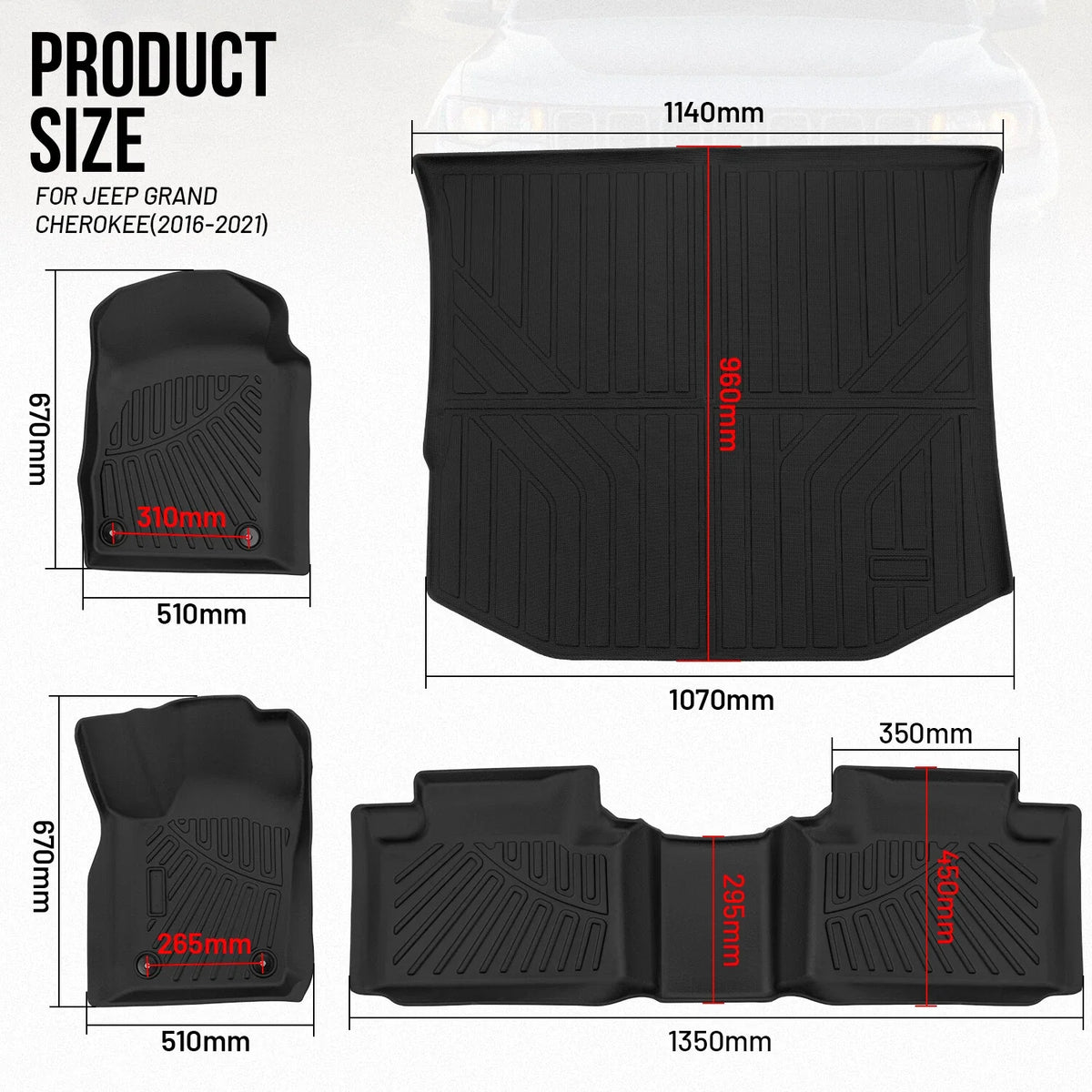 4-Piece Set of Black All Weather Floor Mats for 2016-2021 Jeep Grand Cherokee