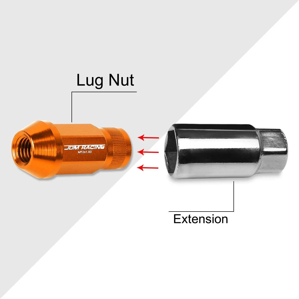 Set of 20 M12X1.5 Orange JDM Open End Bulge Hex Wheel Lug Nuts + Extension 25mmx44mm
