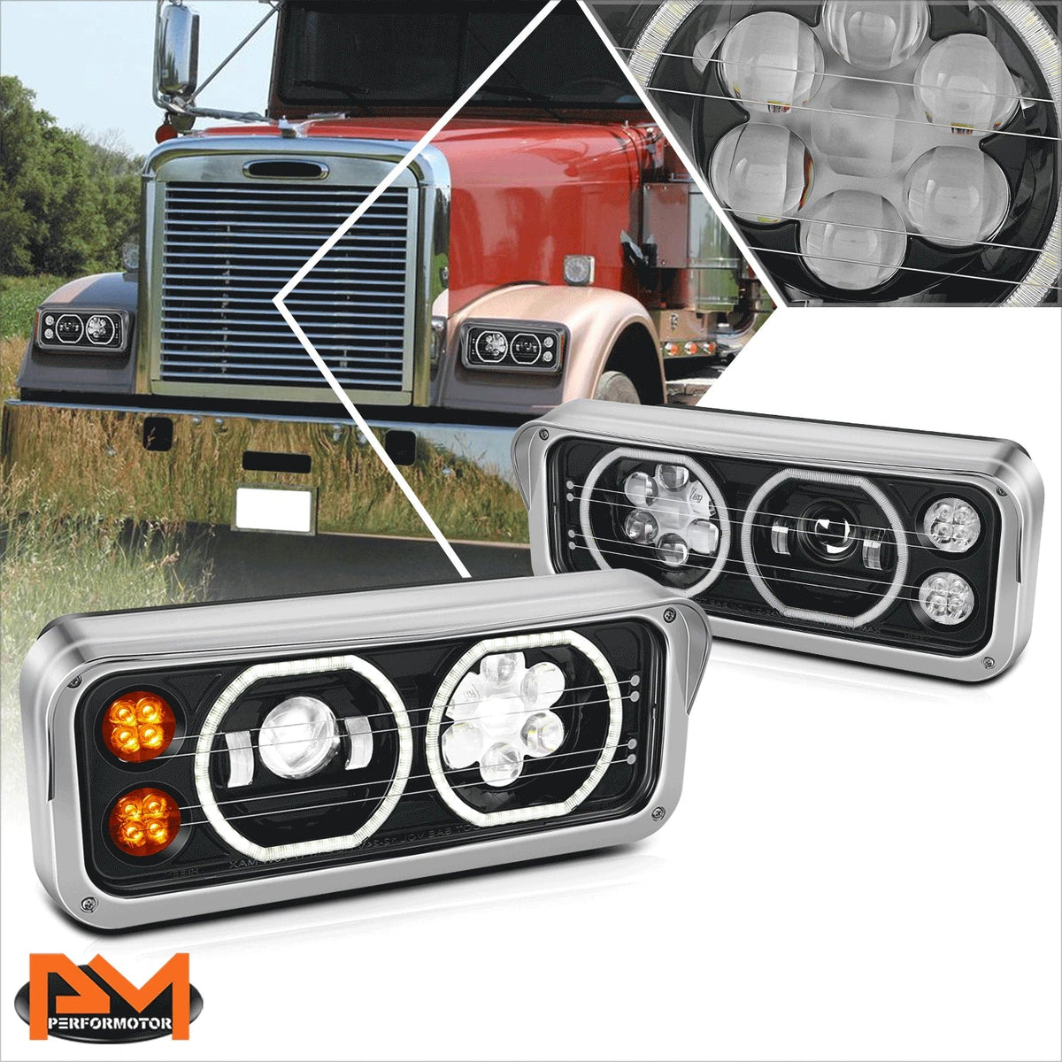 Projector Headlight with LED Halo Ring DRL for Kenworth Western Star 1981-2019