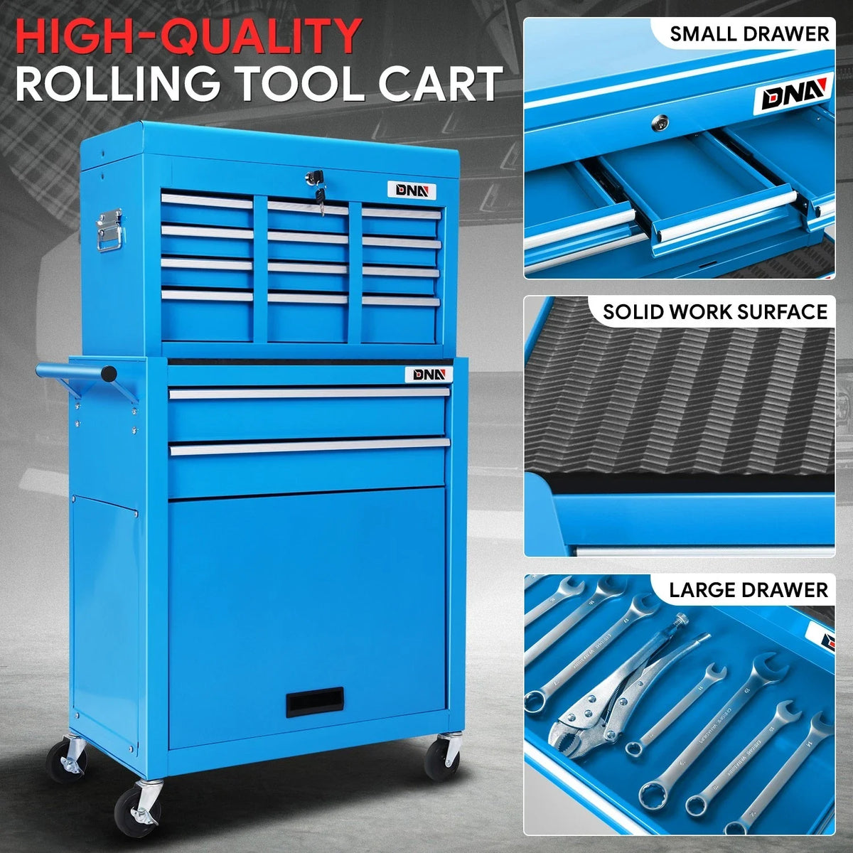 2X Blue 8 Drawer Tool Cabinet with Rolling Casters for Storage