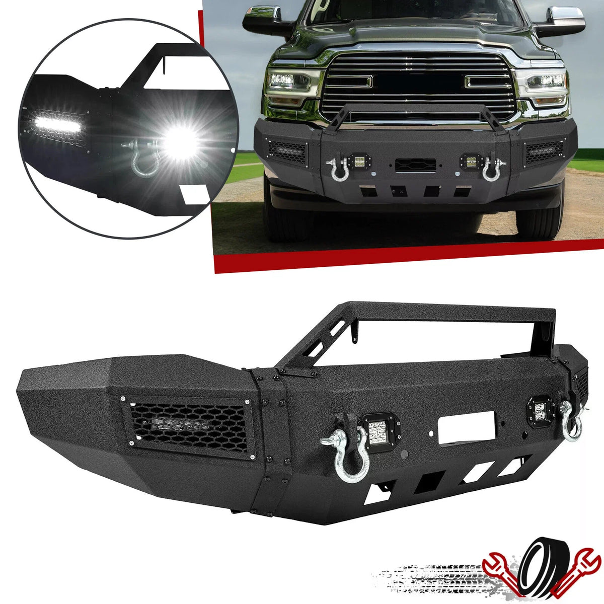Front Bumper with Winch Plate and LED Lights for Dodge Ram 2500 3500 (2019–2023)