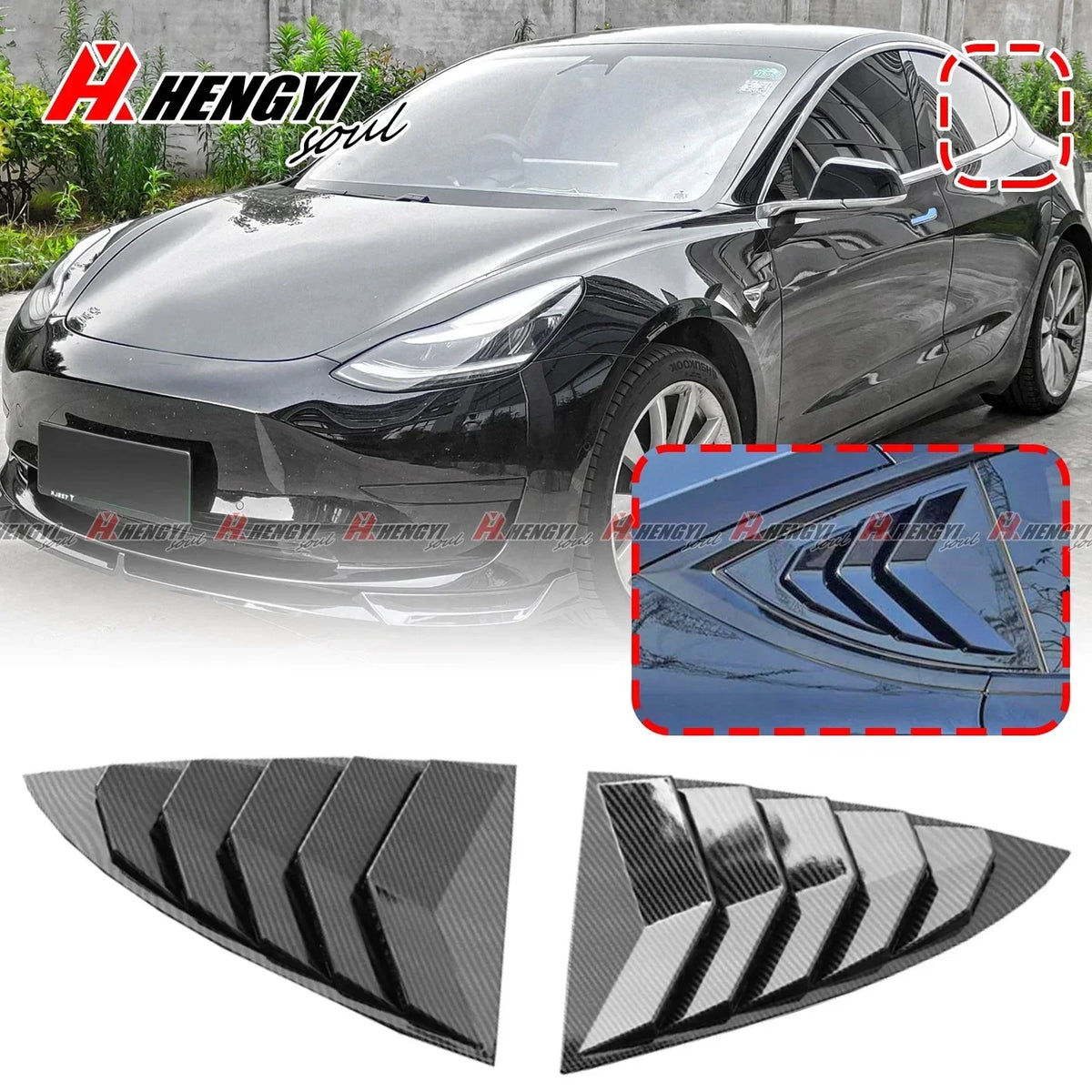 Rear Side Window Louver Shutter Cover CF Style for Tesla Model 3 (17-23)