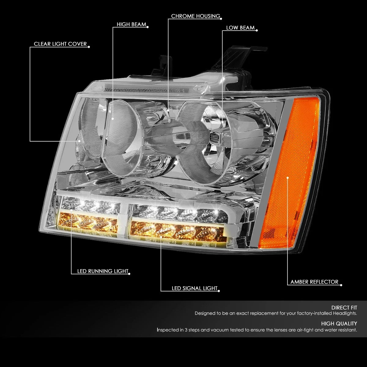 LED DRL Tube Chrome Amber Side Headlights for Tahoe Suburban (2007–2014)