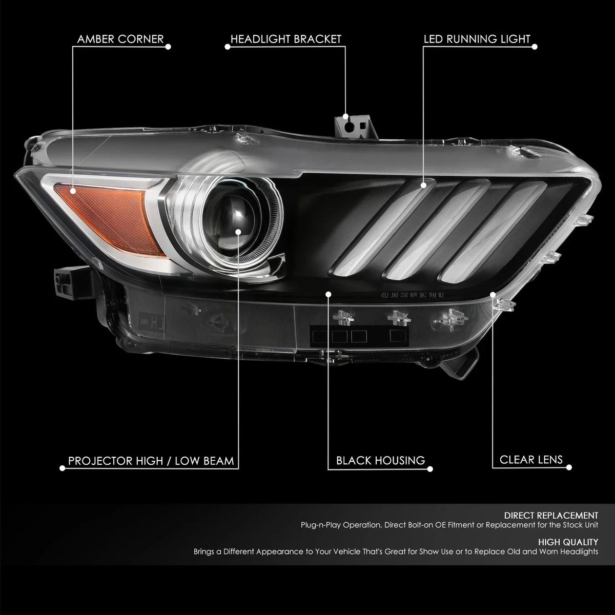 Right Side Projector Headlight for Ford Mustang (2015–2017) OE Style Black Amber HID