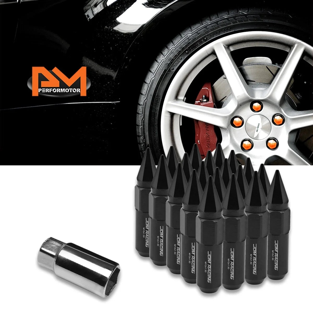 M12X1.5 Black JDM Hex Spiked Cap Wheel Lug Nuts Set of 20 + 20mm Extension