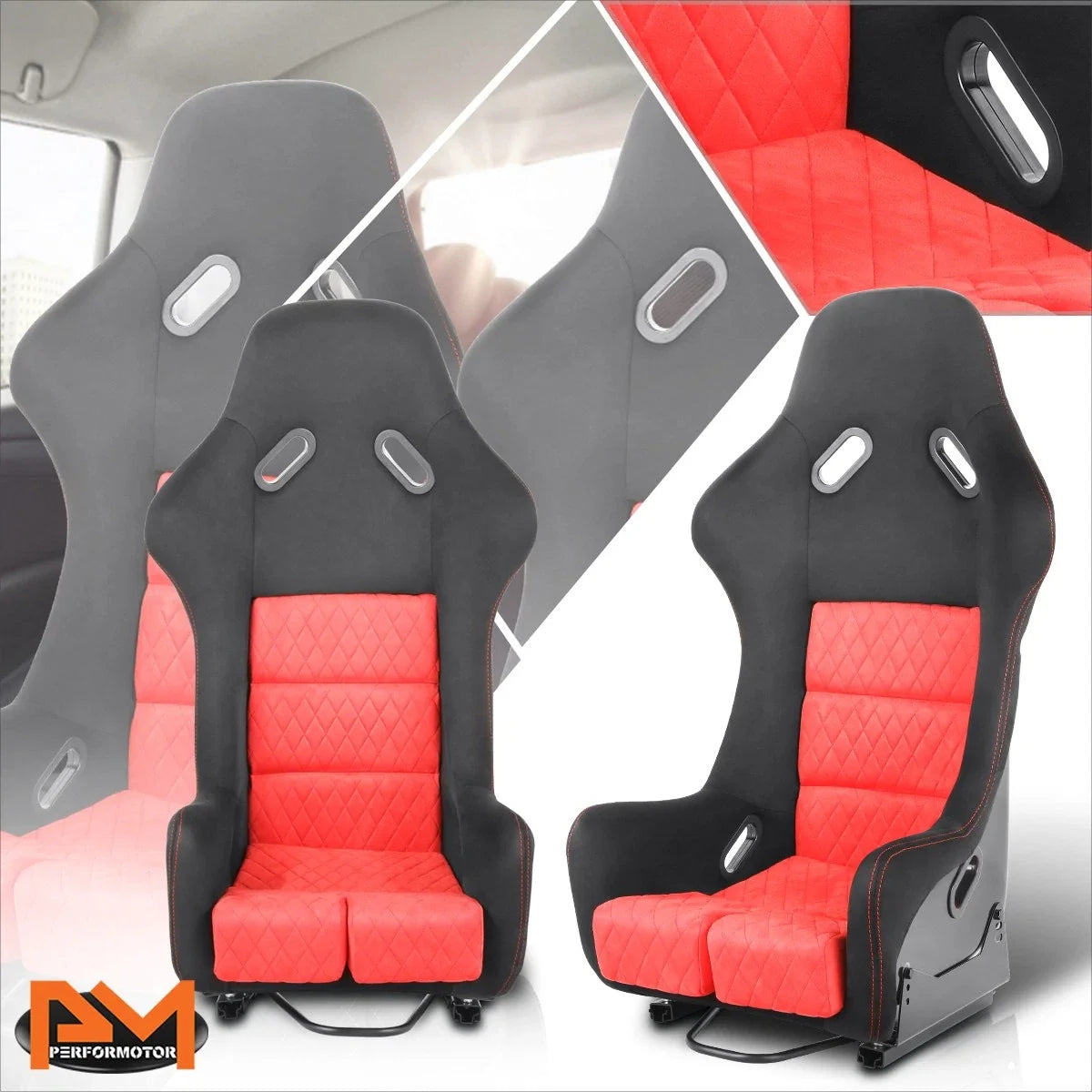 Racing Bucket Seats Pair - Universal Fit, Red Suede Leather