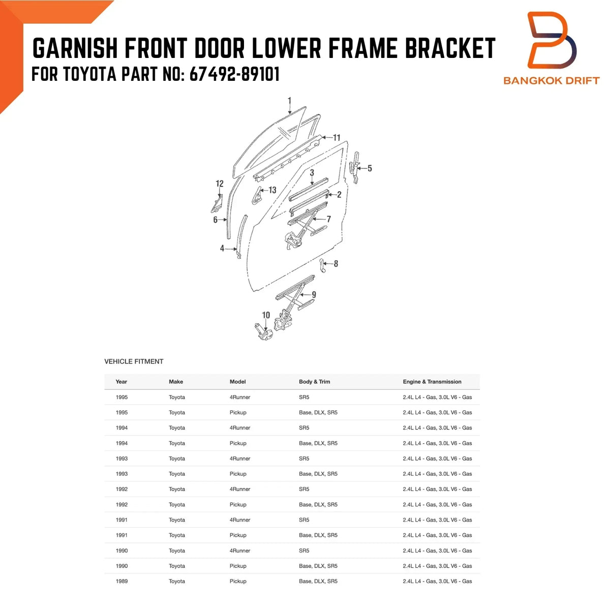 Front Door Bracket - Lower Frame for Toyota 4Runner, Hilux (88-96)