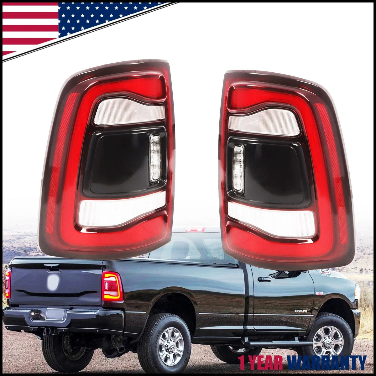 Pair of Black Bezel LED Tail Lights for Dodge RAM 2500 3500 (2019–2024)