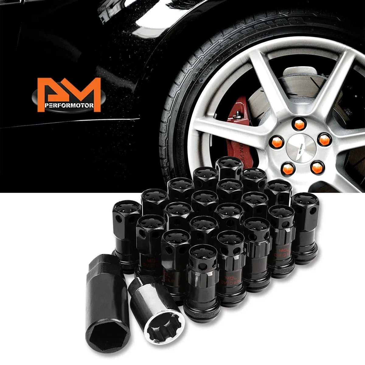 20Pc Spline Lock Lug Nuts M12X1.25 Black with Key & Extension