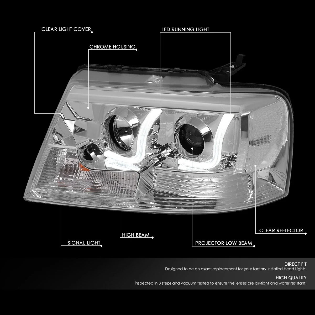 Chrome/Clear LED DRL Bar Projector Headlight for Ford F-150 (2004–2008)