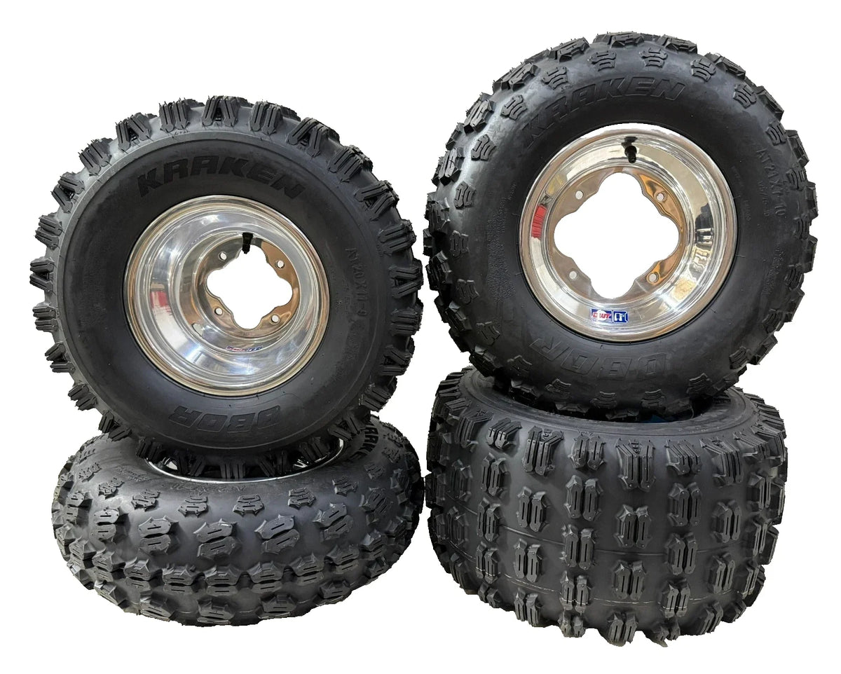 Set of 4 DWT A5 Polished Rims & Obor Kraken Tires for Honda TRX 250R 400EX 450R LTR450 KFX450R