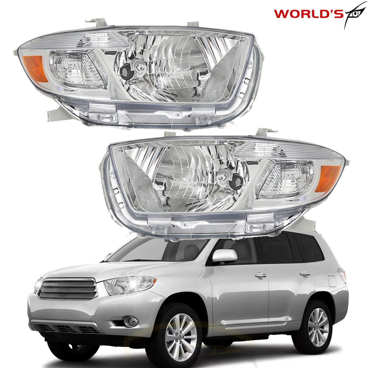 Pair Headlights for Toyota Highlander (2008–2010) Chrome Housing Halogen