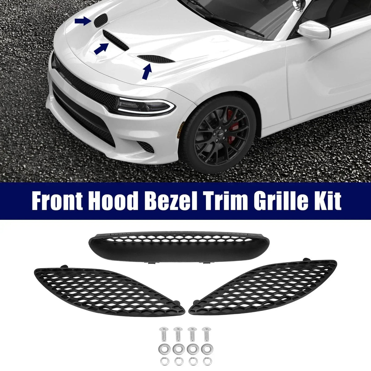 Hood Bezel Front Trim Grill Kit in Black for Dodge Charger (2015-2020)