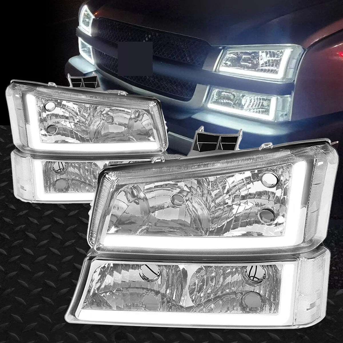 2003-2007 Chevy Silverado Avalanche Headlights Set of 2 with Chrome LED DRL