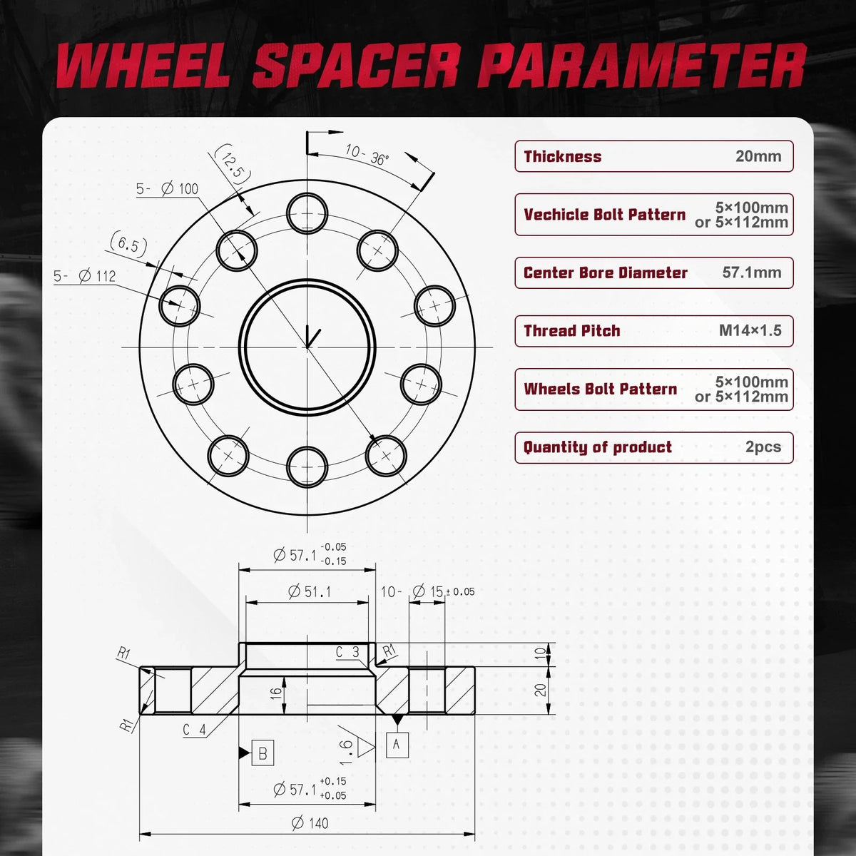 2X 20mm Hubcentric Wheel Spacers 5X100 57.1mm for Volkswagen R32 (2003)