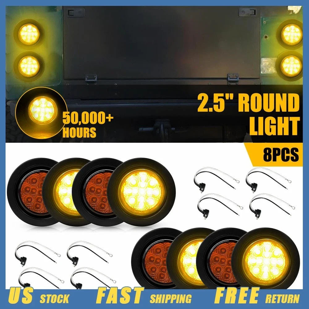 8pc 2.5 Inch DOT Round Amber LED Trailer Marker Lights for Truck EV