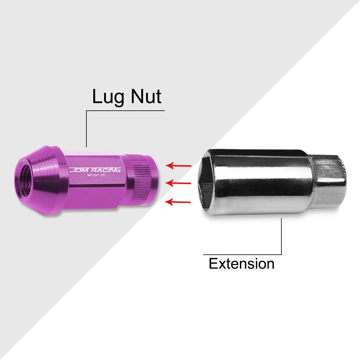Set of 20 M12X1.25 Purple JDM Open End Bulge Hex Wheel Lug Nuts + Extension 25mm