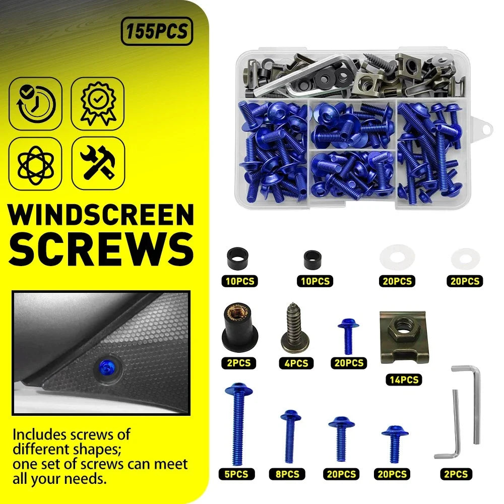 155pcs Blue Aluminum Fairing Bolts Kit M5 M6 for Yamaha YZF R1 R6 (1998–2021)