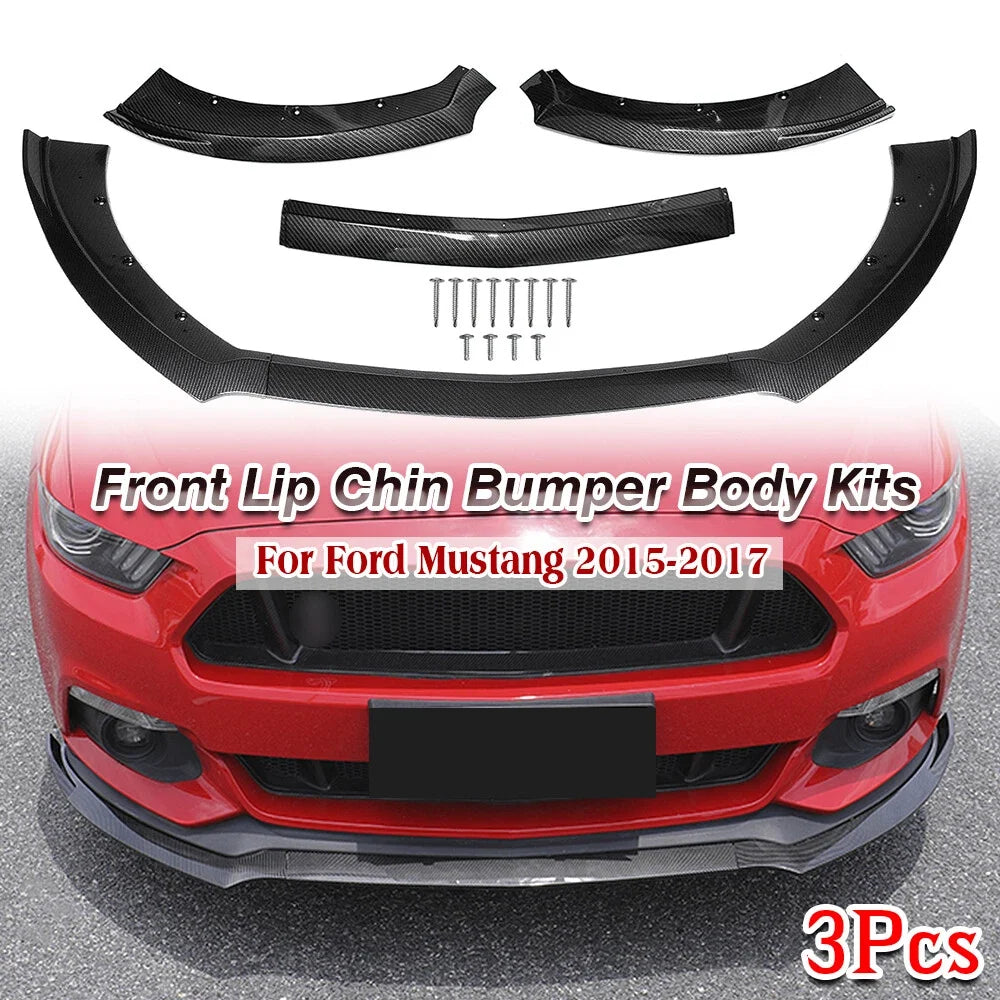 3X Carbon Fiber Look Front Bumper Lip Spoiler for Ford Mustang (2015–2017)