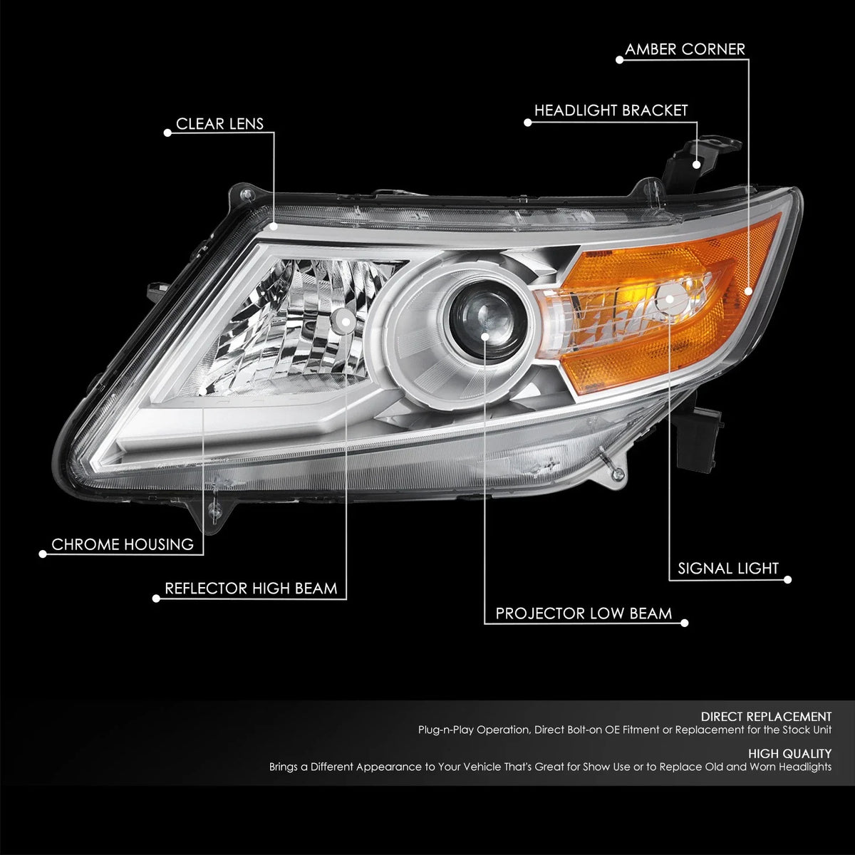 OE Style Projector Headlight for Honda Odyssey (2011–2013) - Left Side, Chrome