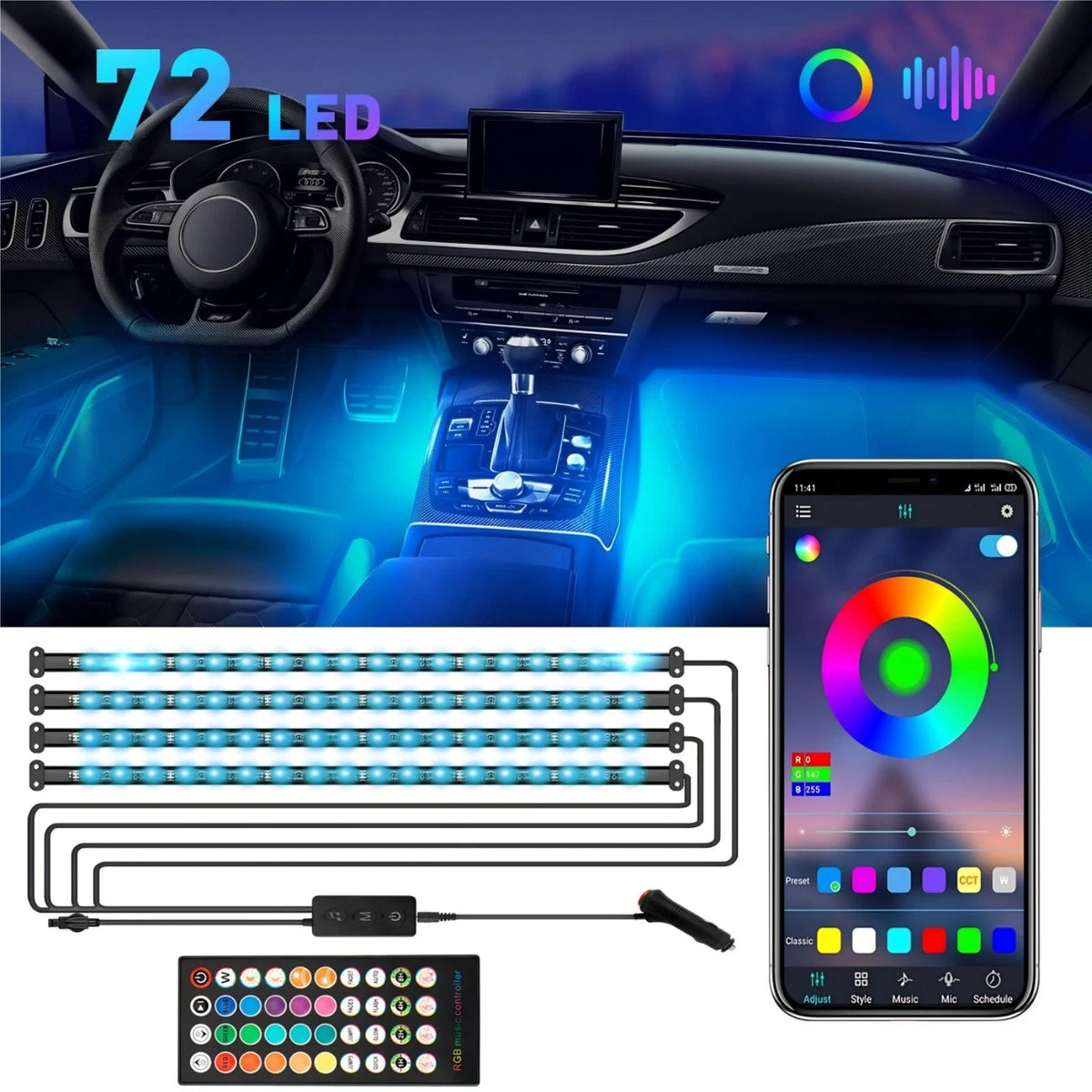 RGB LED Strip Lights for Universal Car Interior Floor Lighting