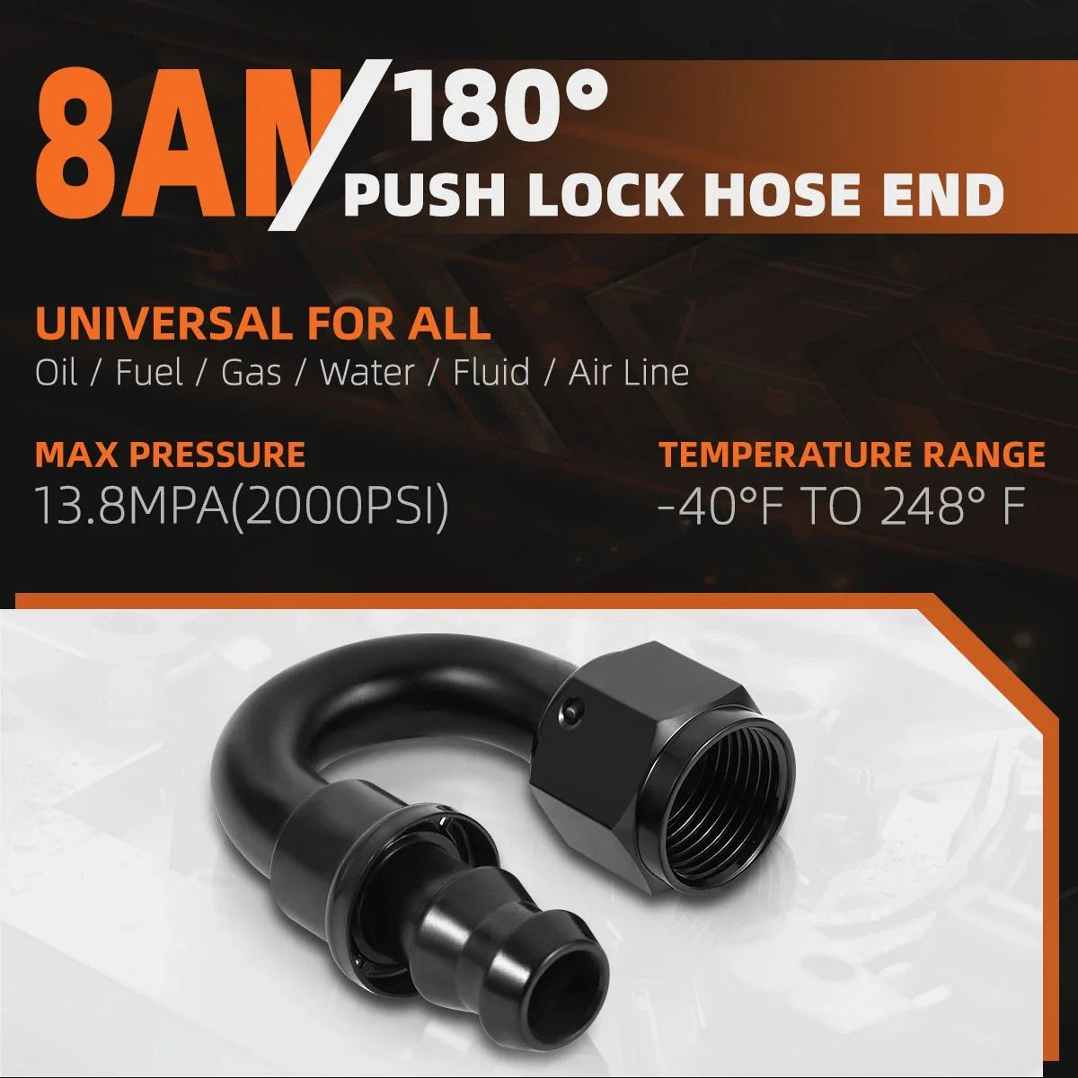 8AN to 1/2" Barb 180 Degree Push Lock Hose End Fitting (2000PSI)
