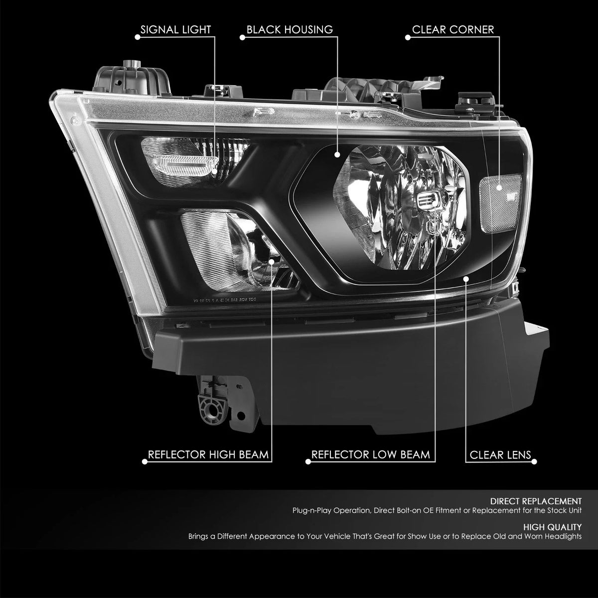 Headlight Assembly for Ram 1500 (2019–2024) Black Housing Clear Reflector