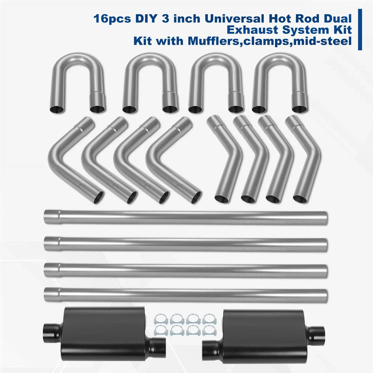 16Pcs Muffler & Clamp Exhaust System Kit for Hot Rod