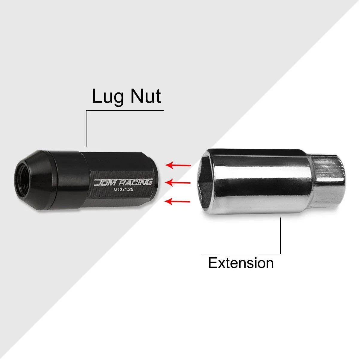 Set of 20 M12X1.25 Black Cone Seat Hex Wheel Lug Nuts with Cap & Extension