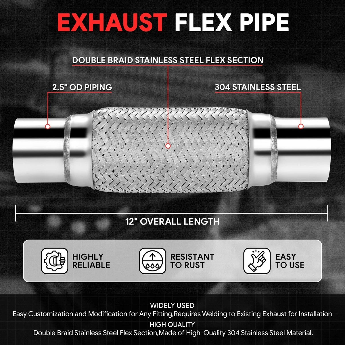 12" Double Braid Stainless Steel Flex Pipe for Custom Exhaust (2.5" OD)