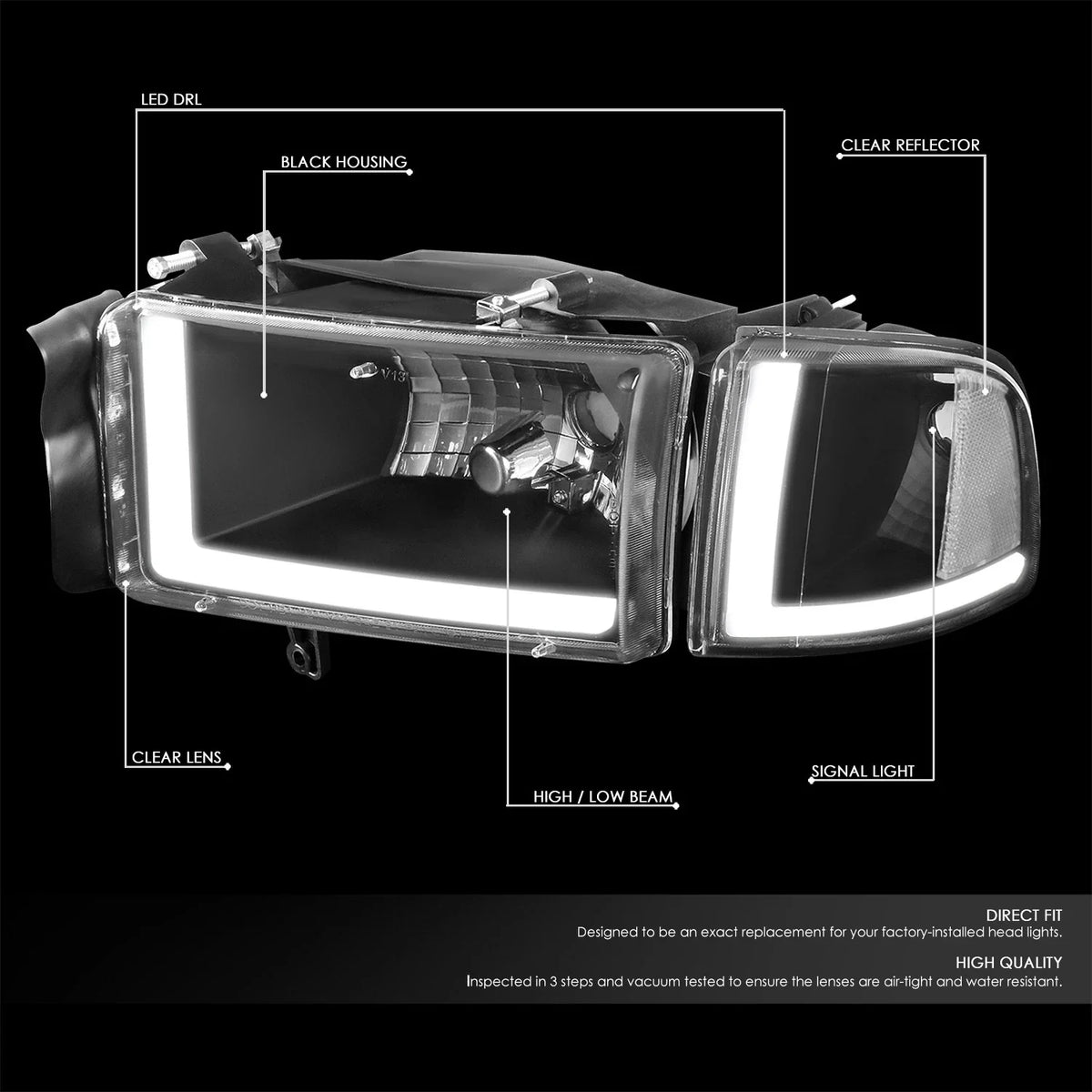 LED DRL Headlights for Dodge Ram Truck (1994–2002) Black Housing Clear Corner