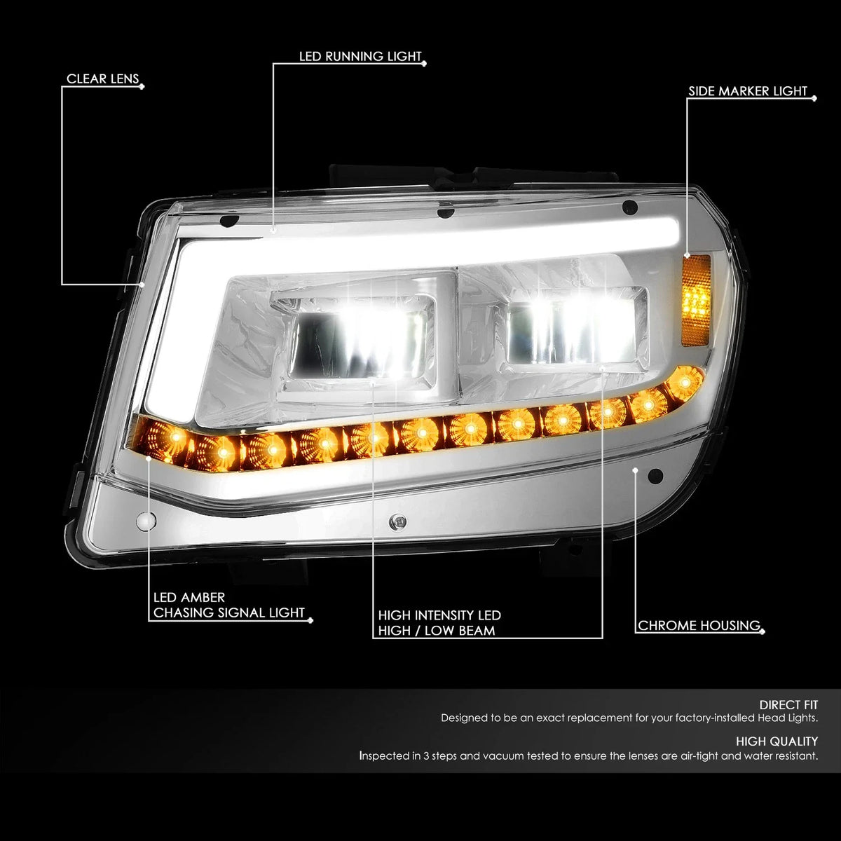 Chrome Housing LED DRL + Sequential Signal Headlight Lamps for Chevy Camaro (2014–2015)
