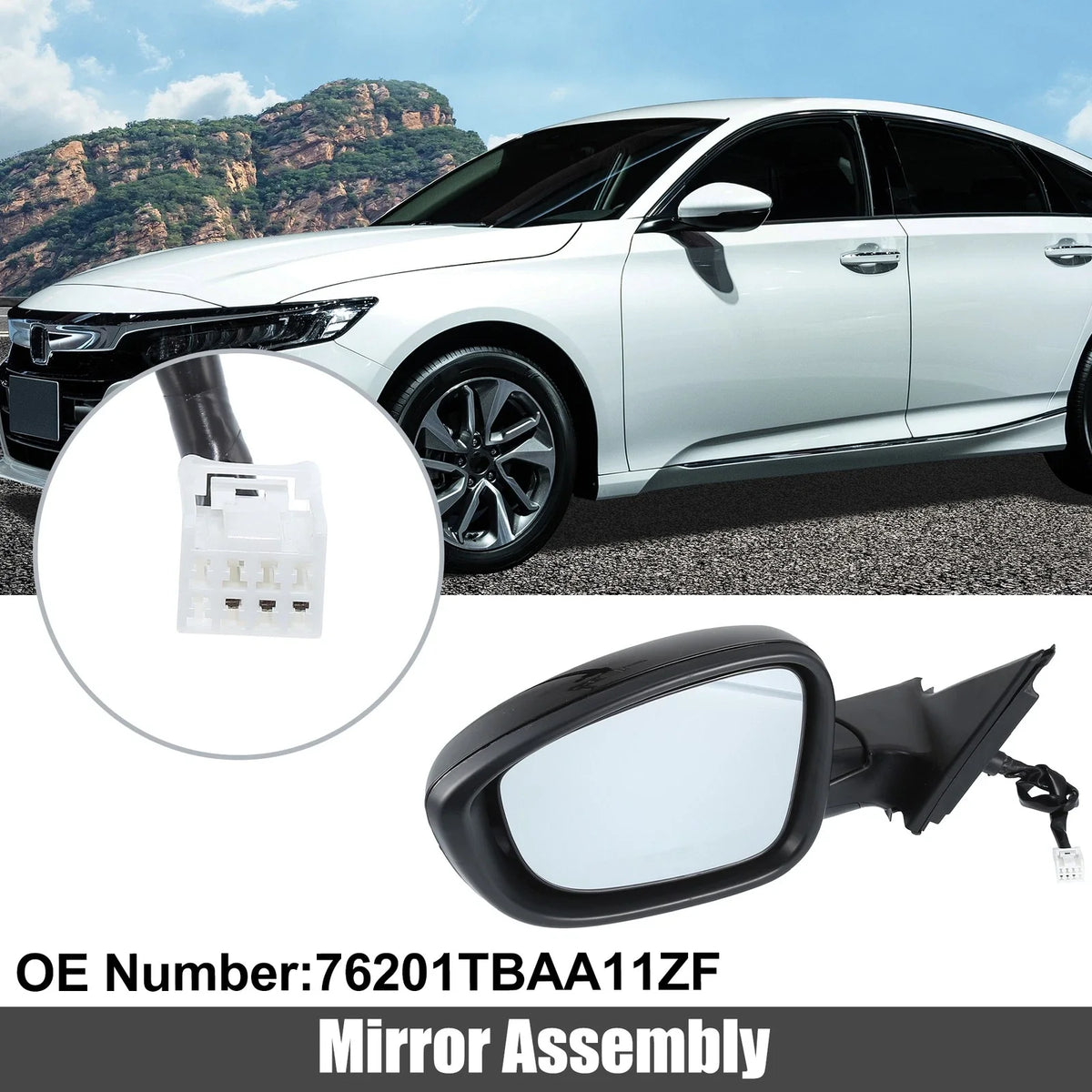 3 Pin Left Side Door Mirror Assembly Black for Honda Accord (2018–2022)