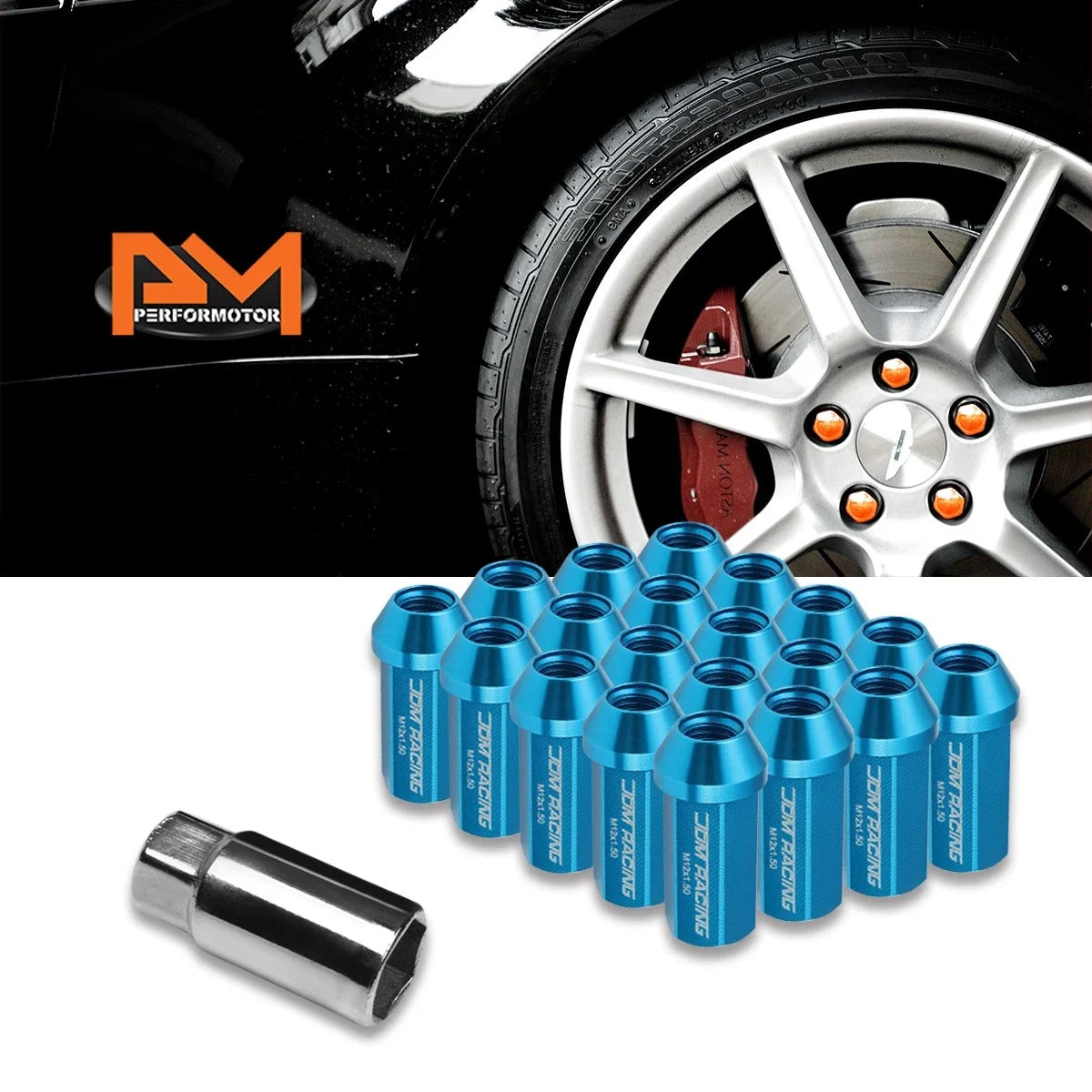 M12X1.5 Closed End Aluminum Wheel Lug Nuts Set of 20 in Sky Blue + Extension