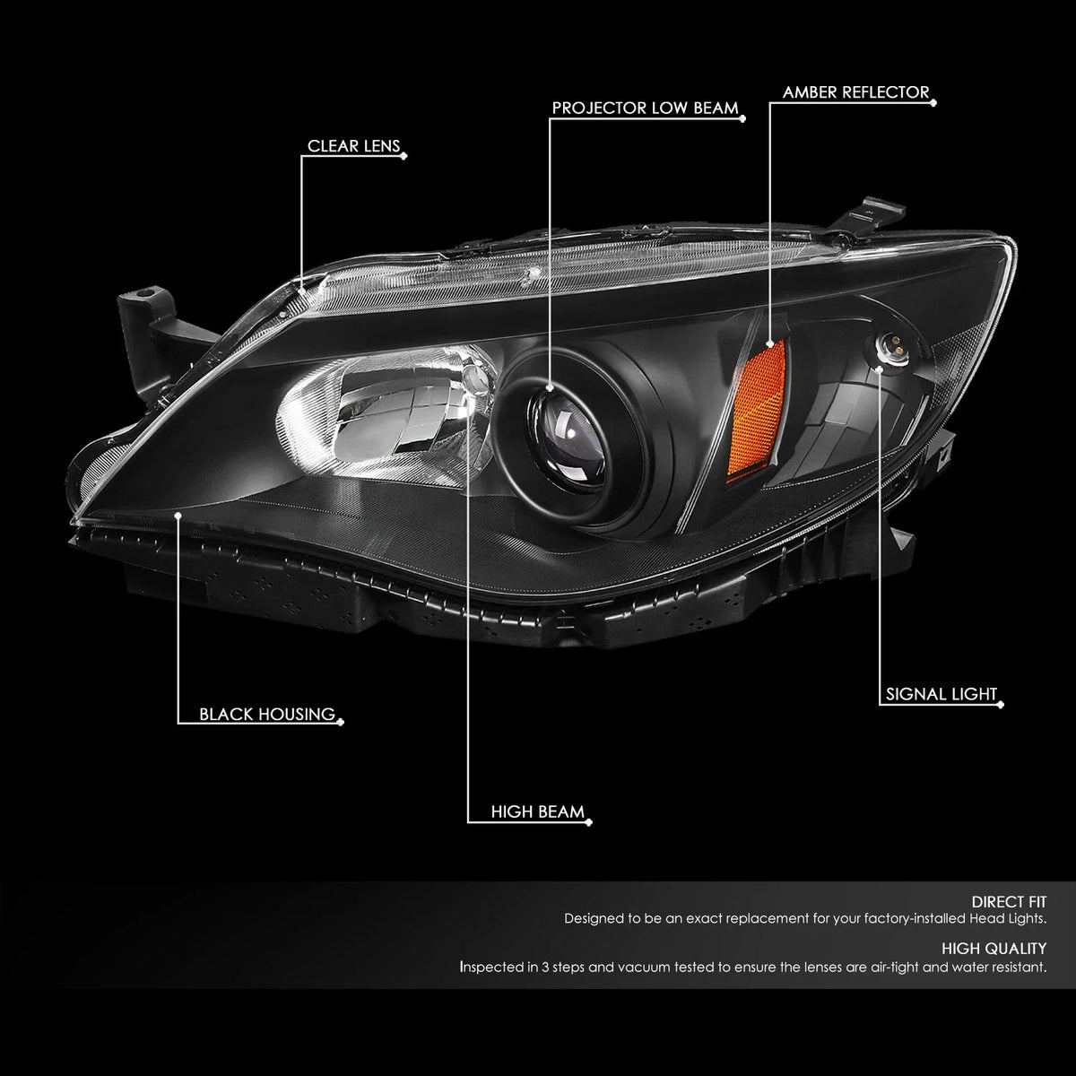 Projector Headlight Lamps for Subaru Impreza (2008–2011) Black/Amber