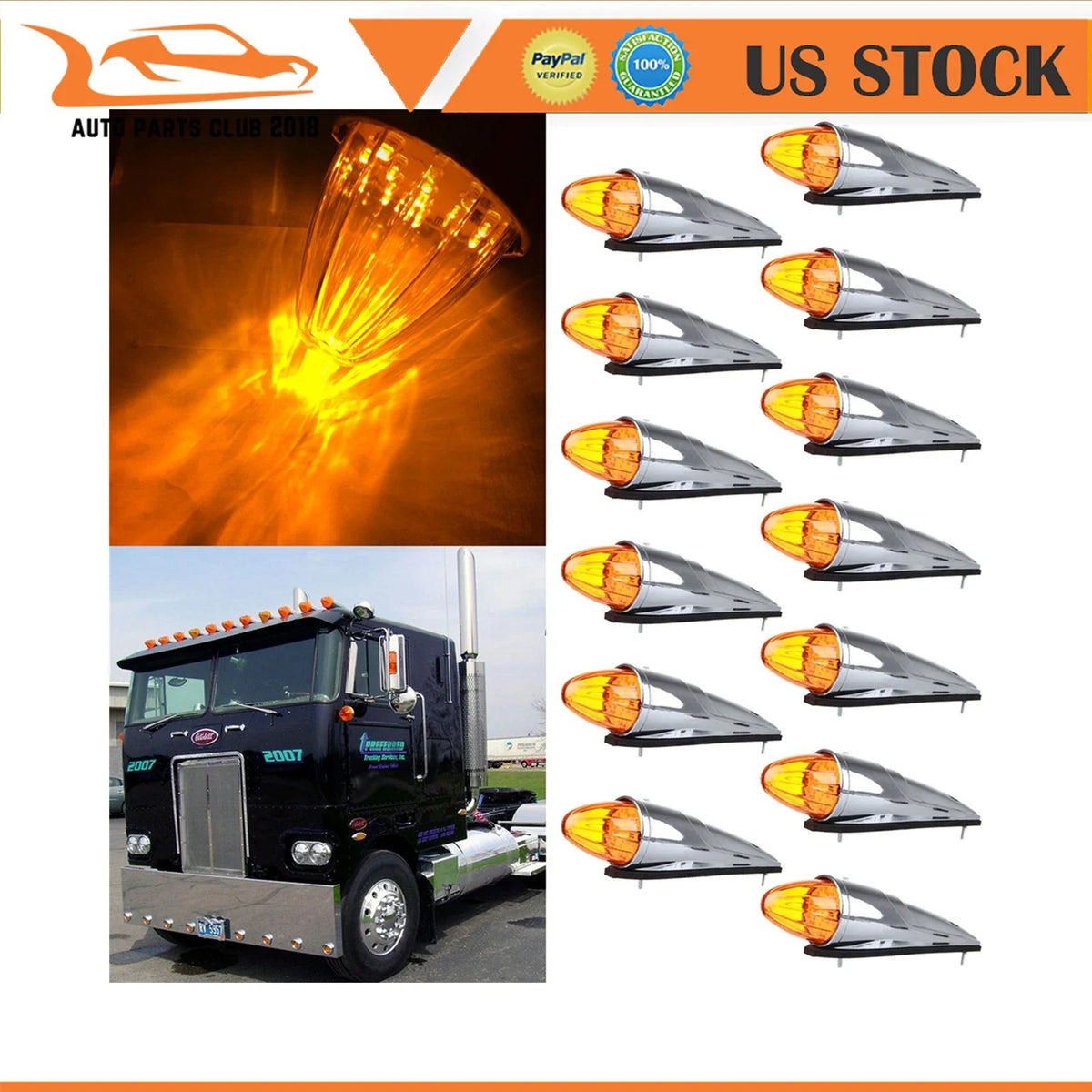 Set of 13 Amber LED Upper Cab Marker Clearance Lights for Peterbilt