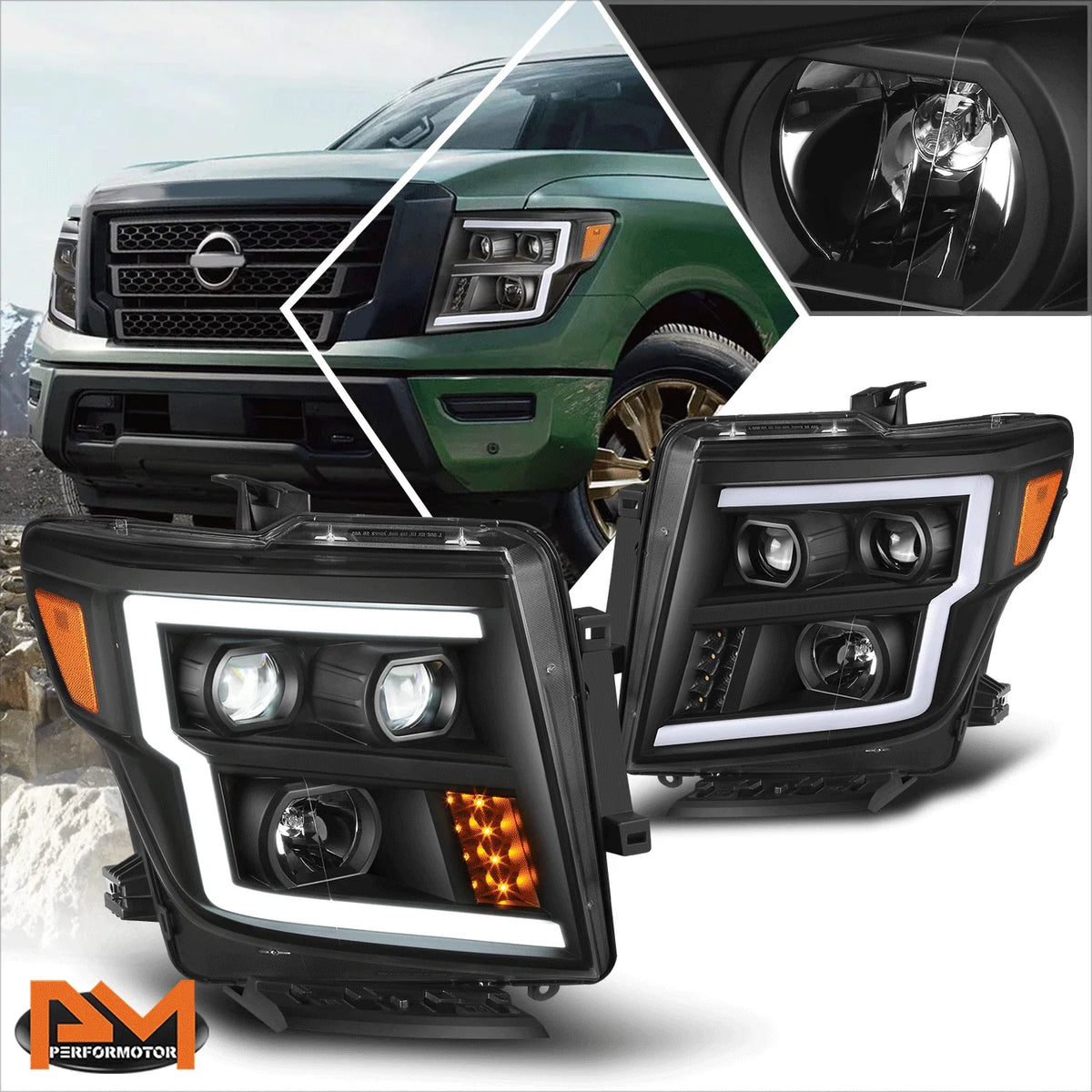 Black/Amber LED DRL Projector Headlights for Nissan Titan XD 2016-2024