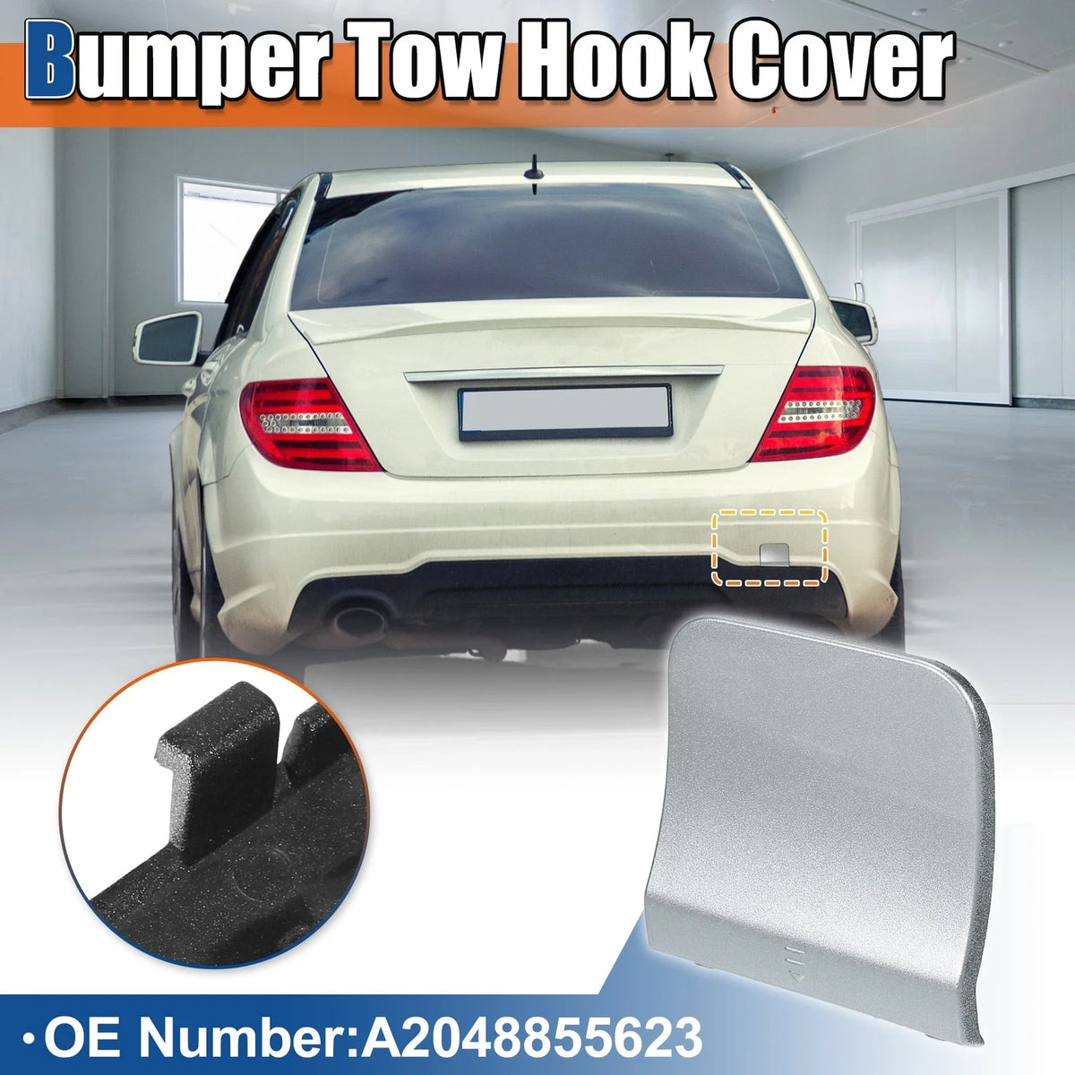 Rear Car Bumper Tow Hook Cover for Mercedes-Benz (A2048855623) Silver Tone