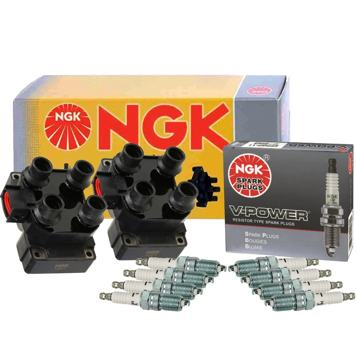 2X NGK DIS Ignition Coil & 8 V-Power Spark Plugs for Ford Lincoln Mercury (V8)