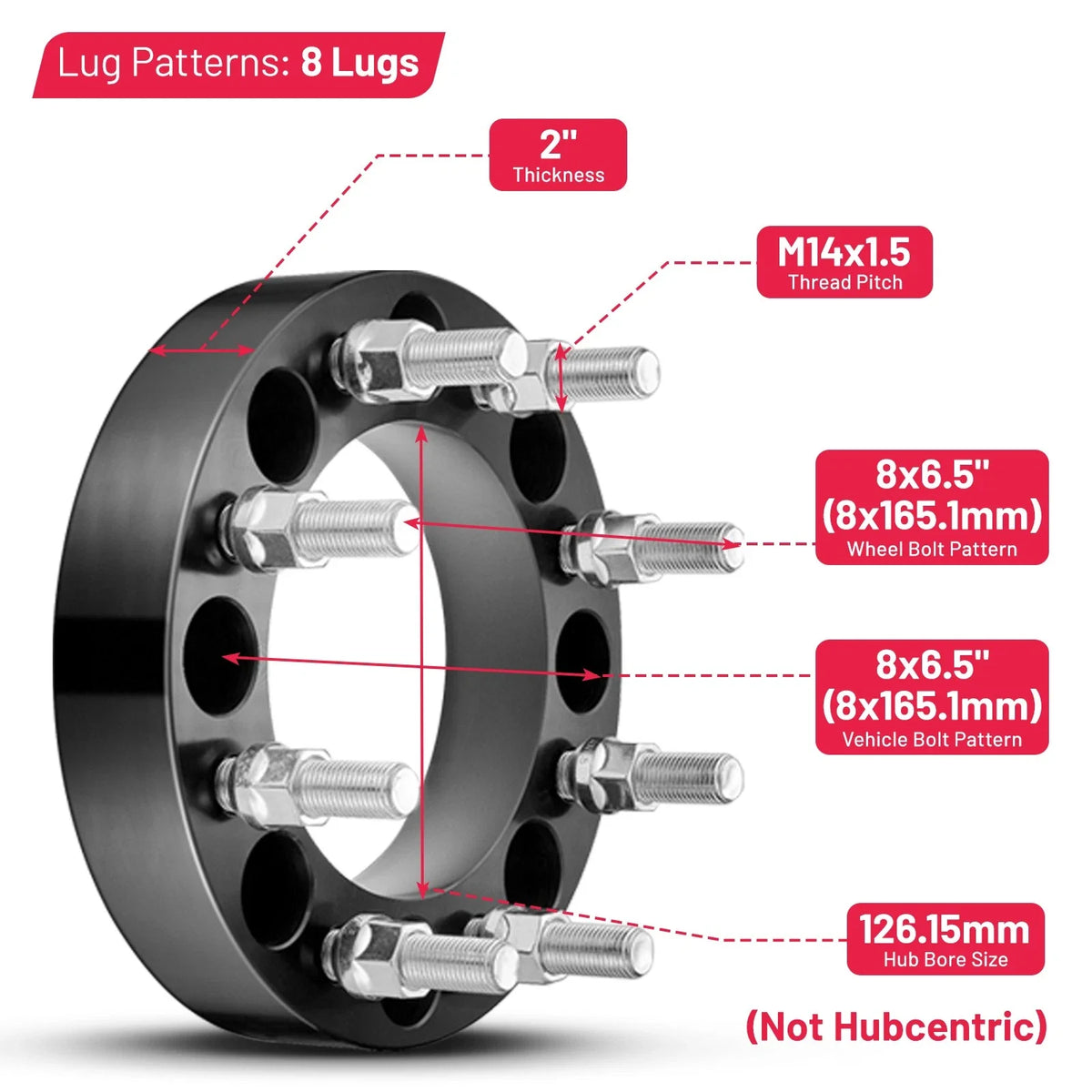 Set of 4 Wheel Spacers 2" 8x6.5 8x165.1 14x1.5 for Ram 2500 3500 (2014–2022)