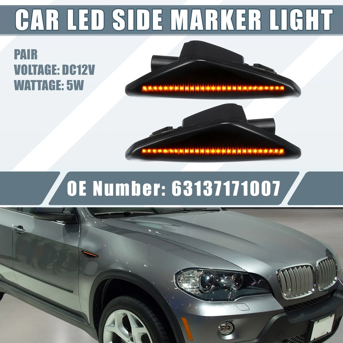2X LED Side Marker Amber Light 63137171007 for BMW X3 (2011–2014) Black Lens
