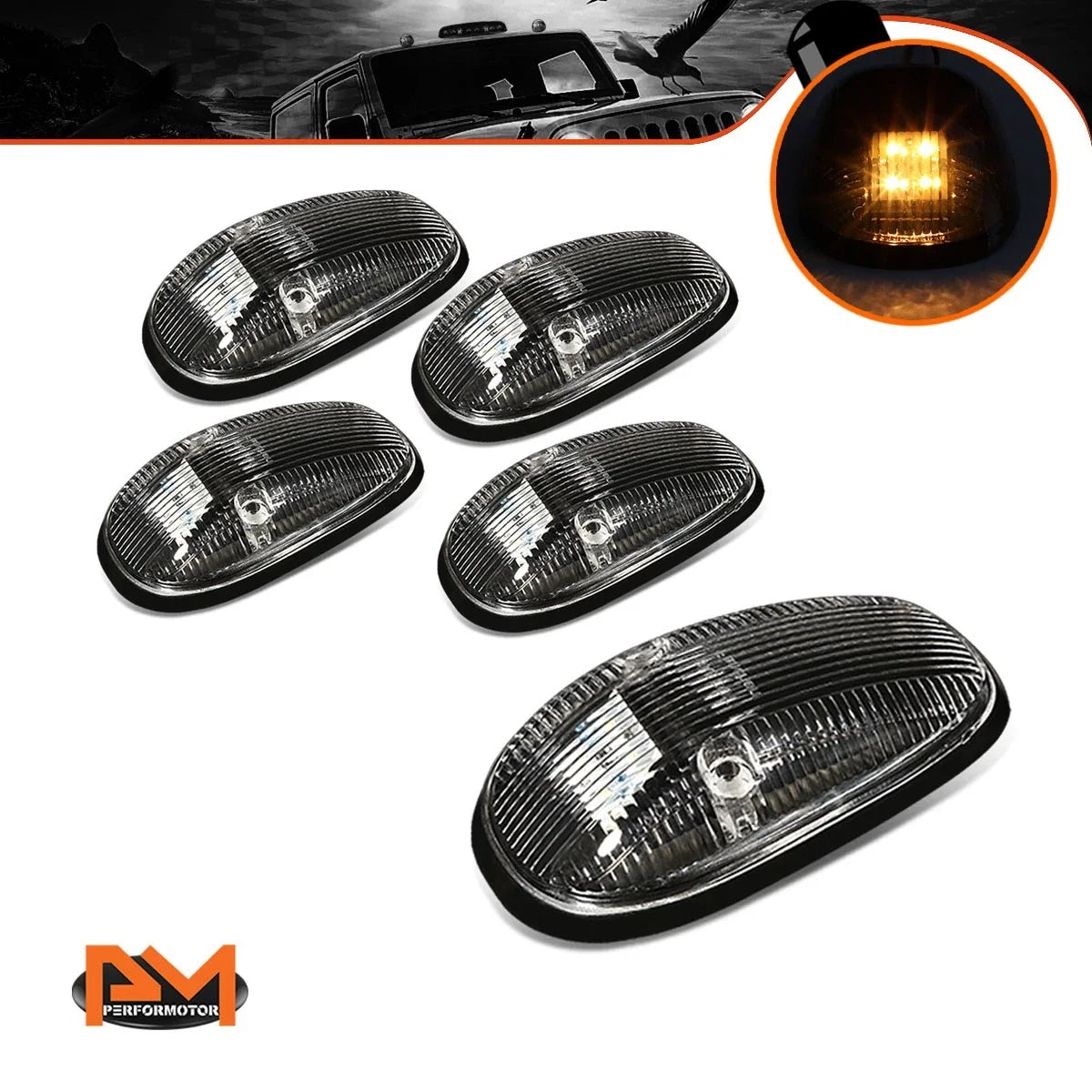5Pcs Cab Roof Running Light Black Housing Yellow LED for Dodge Ram (1999–2001)