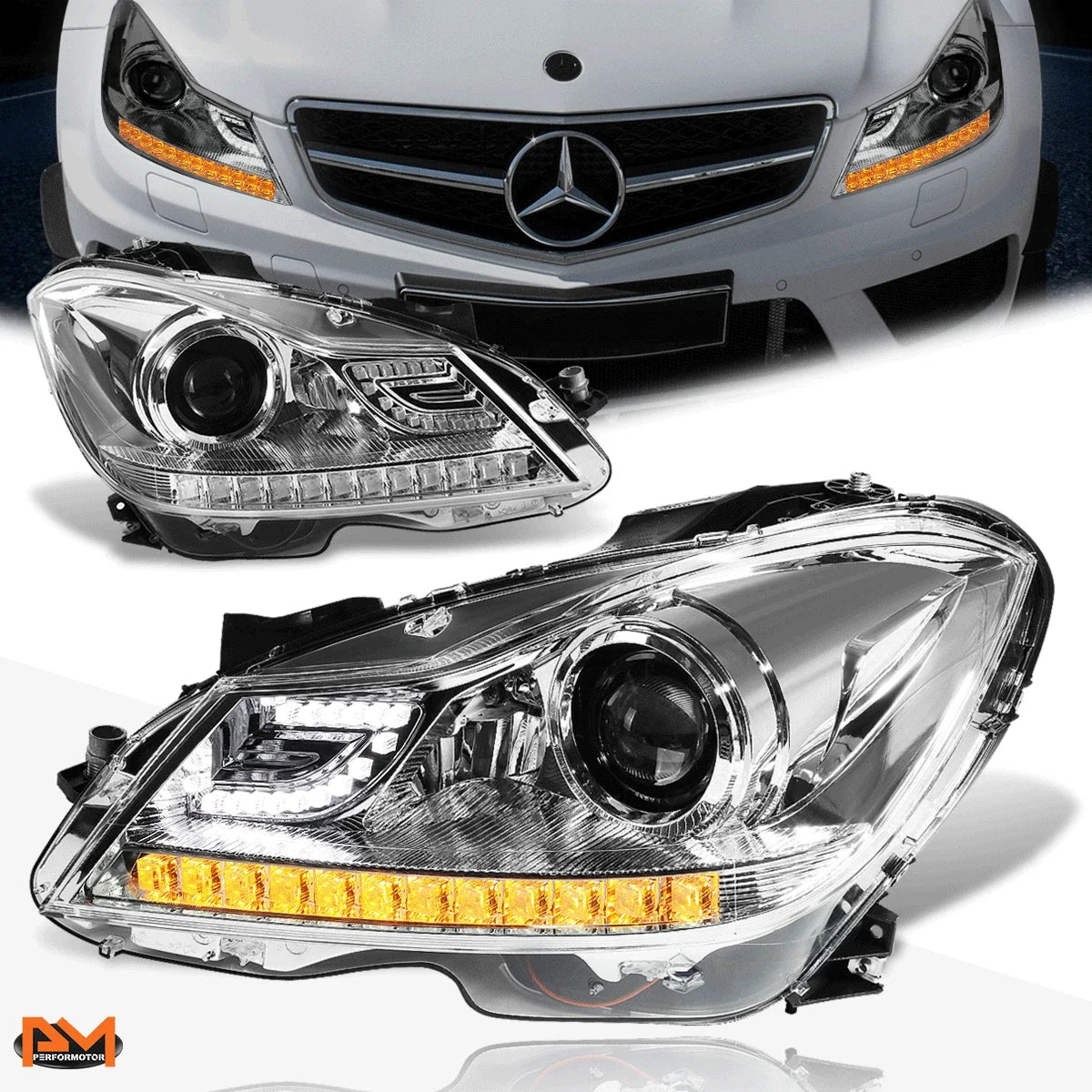 3D LED DRL Projector Headlight for Mercedes C-Class (2012-2015) Chrome Housing