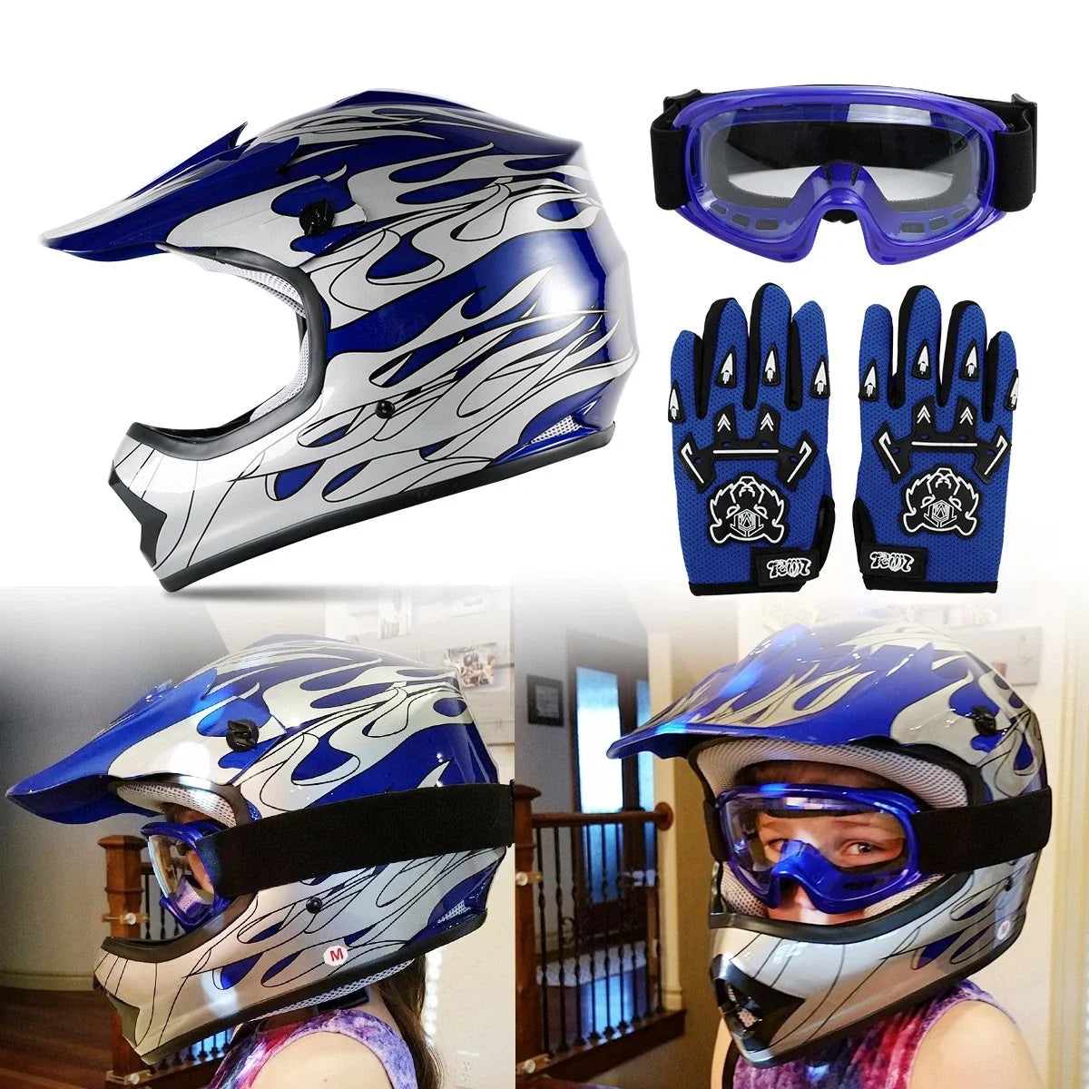 Youth Blue Flame Dirt Bike ATV MX Helmet Goggles Gloves Set (S, M, L, XL)