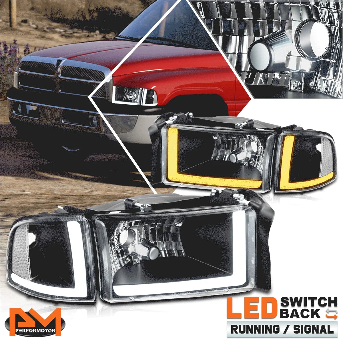 1994-2002 Dodge Ram 1500-3500 Switchback Dual L-LED DRL Headlights