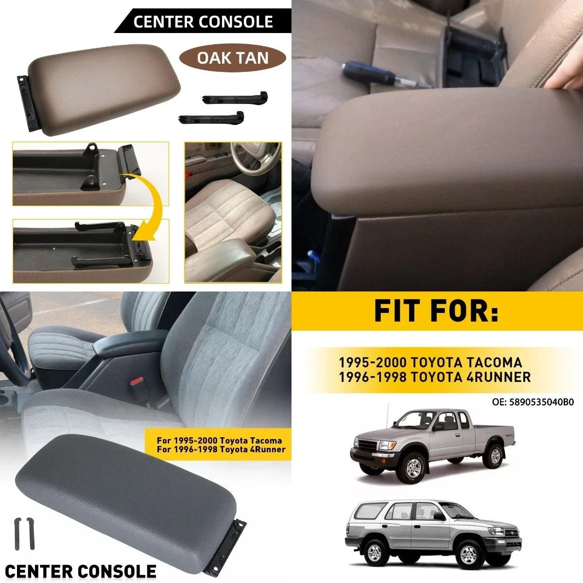 Center Console Cover Lid Armrest for Toyota Tacoma (1995–2000) Gray
