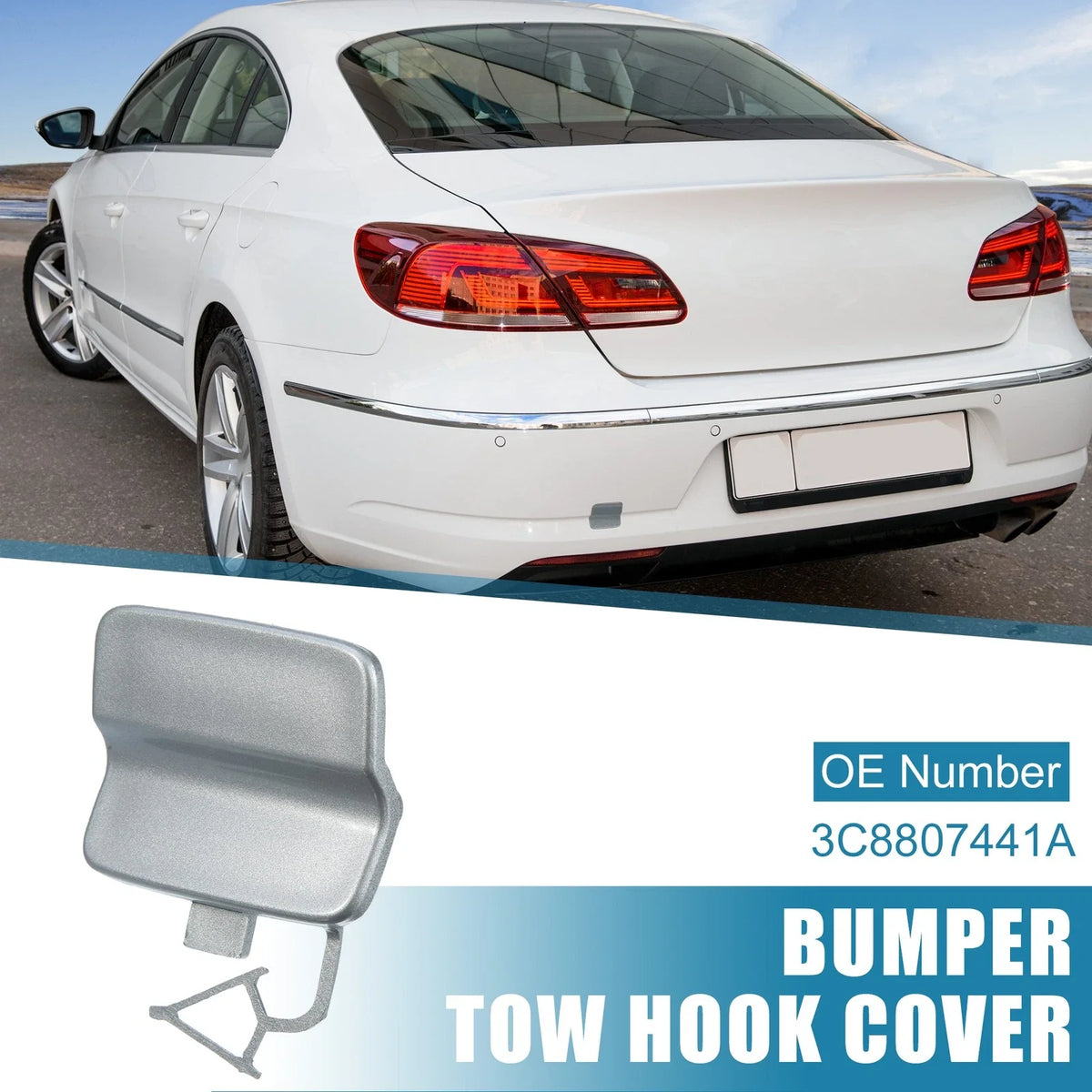3C8807441A Rear Bumper Tow Hook Cover for Volkswagen Passat CC (2013–2017) Silver Tone